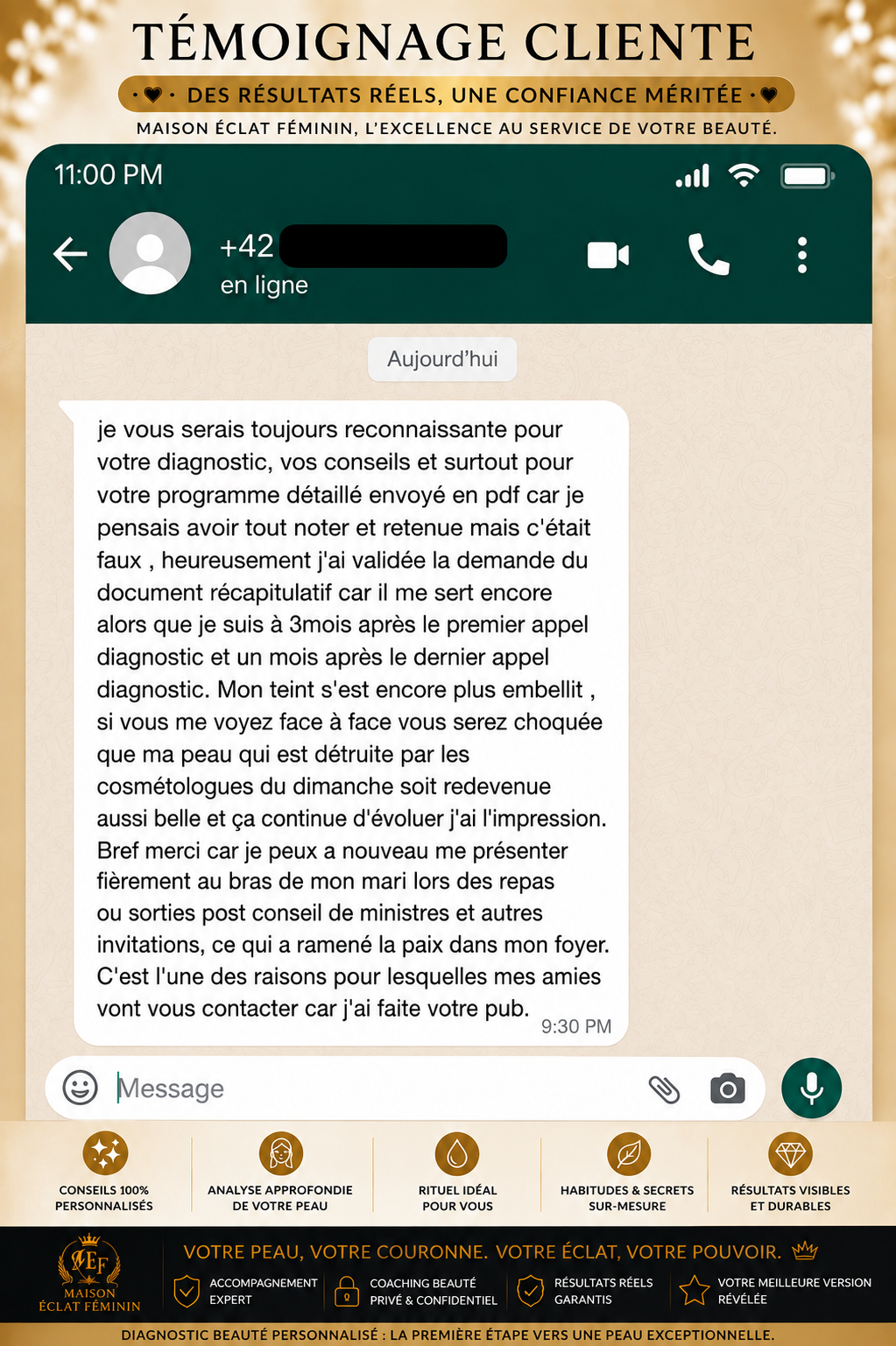Témoignage cliente WhatsApp Maison Éclat Féminin 5