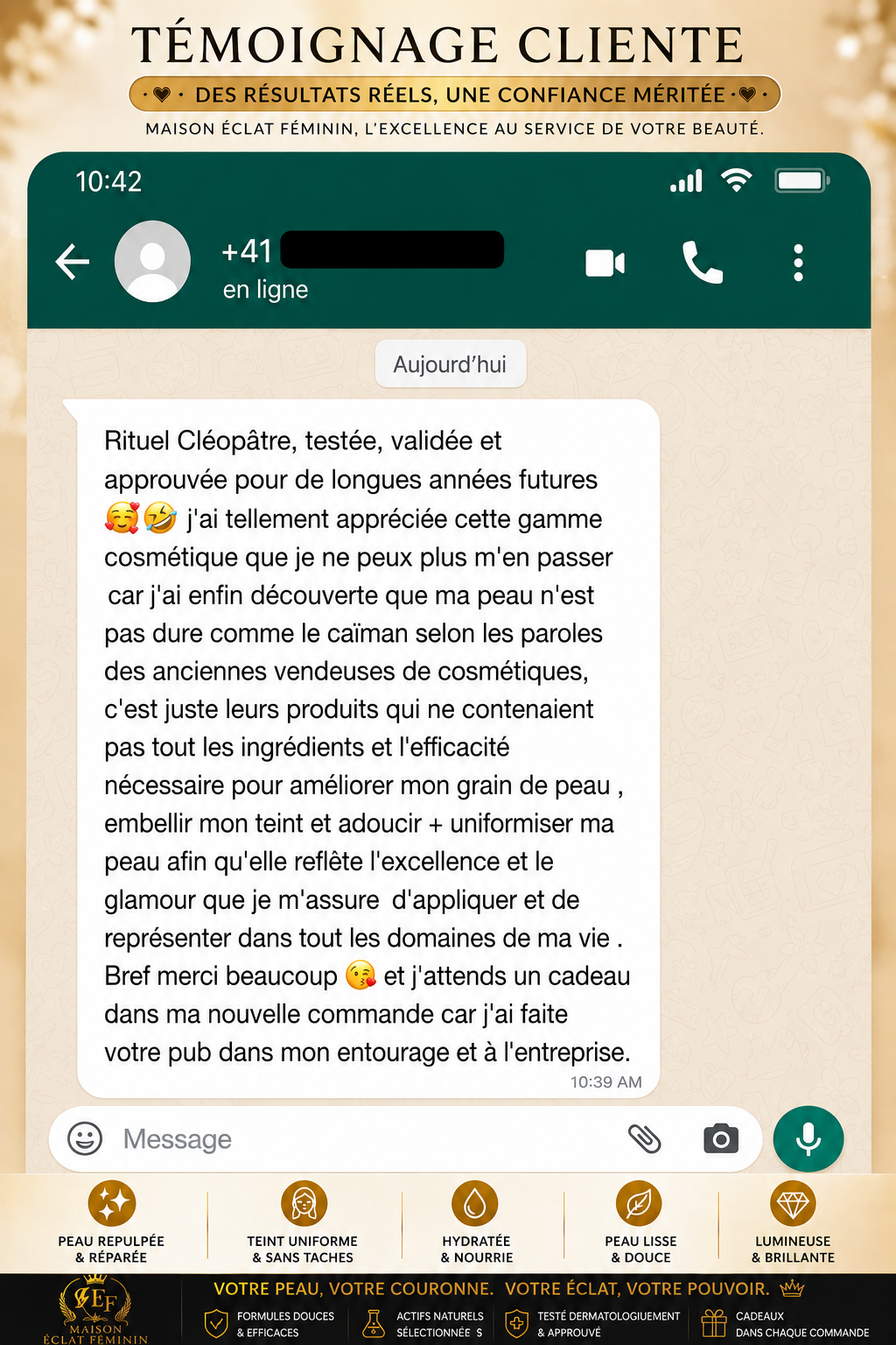 Témoignage cliente WhatsApp Maison Éclat Féminin 2