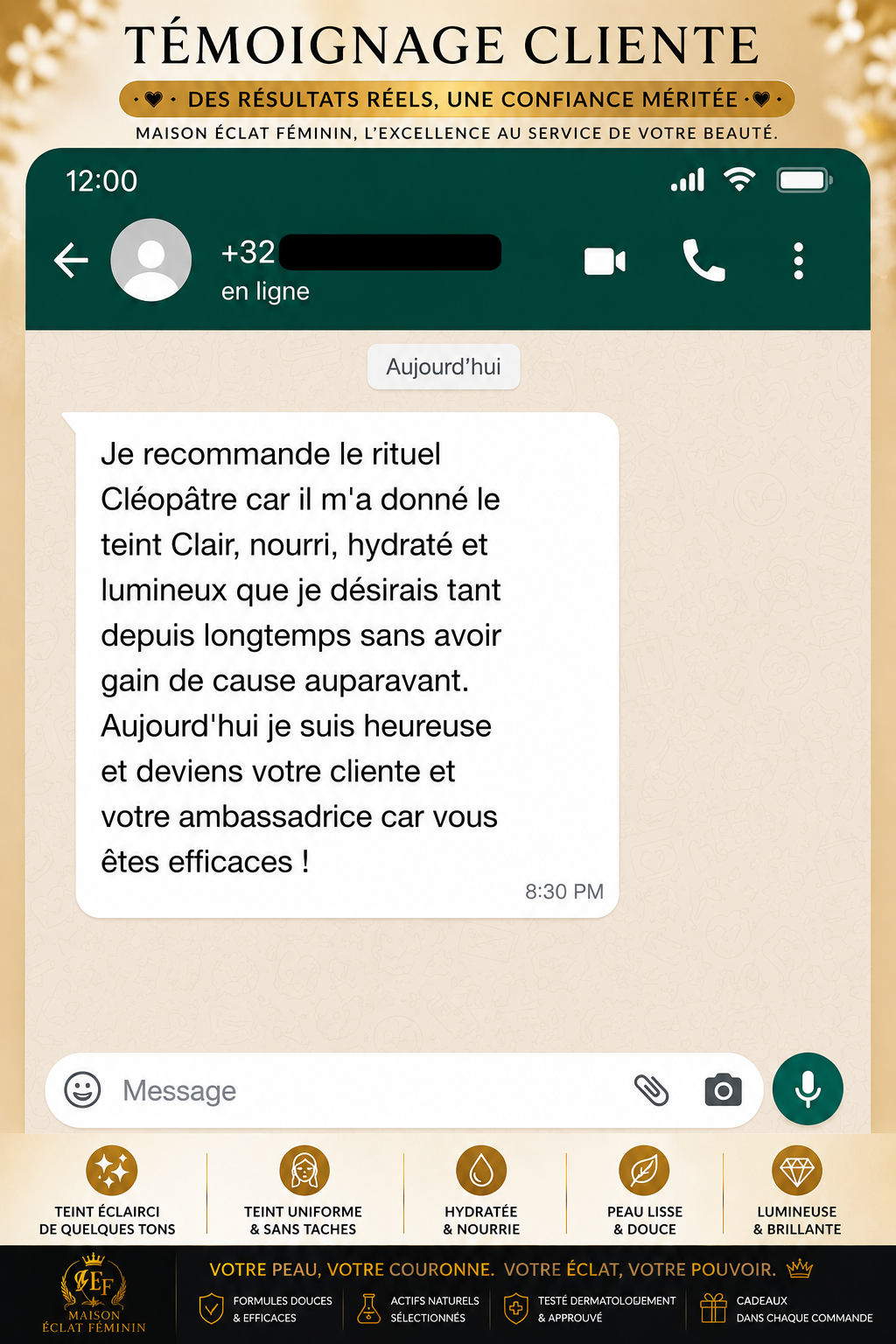 Témoignage cliente WhatsApp Maison Éclat Féminin 7