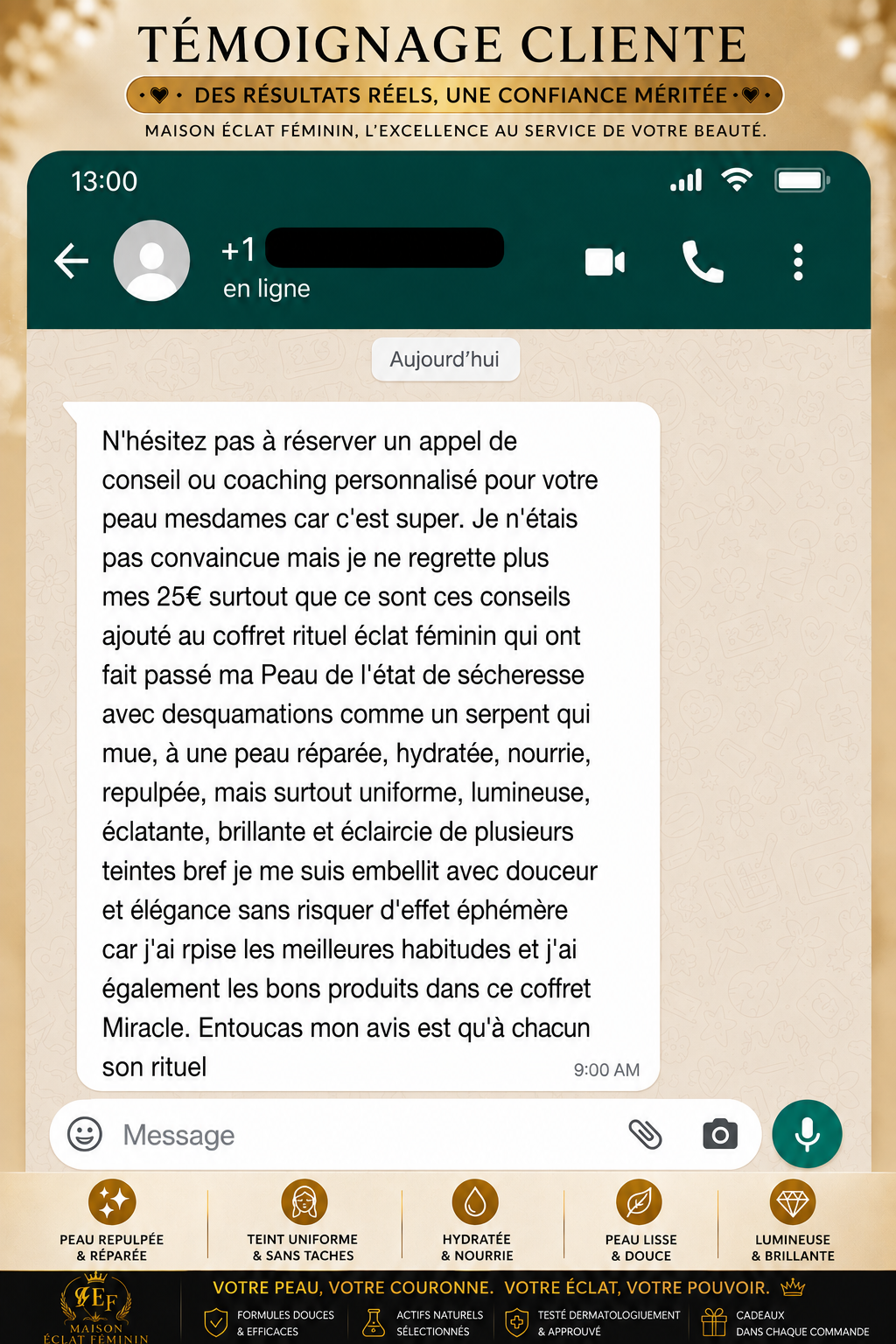 Témoignage cliente WhatsApp Maison Éclat Féminin 3