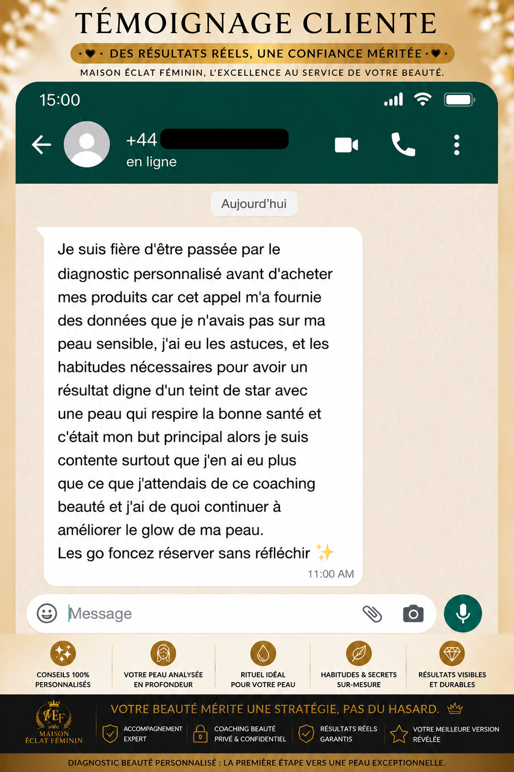 Témoignage cliente WhatsApp Maison Éclat Féminin 6
