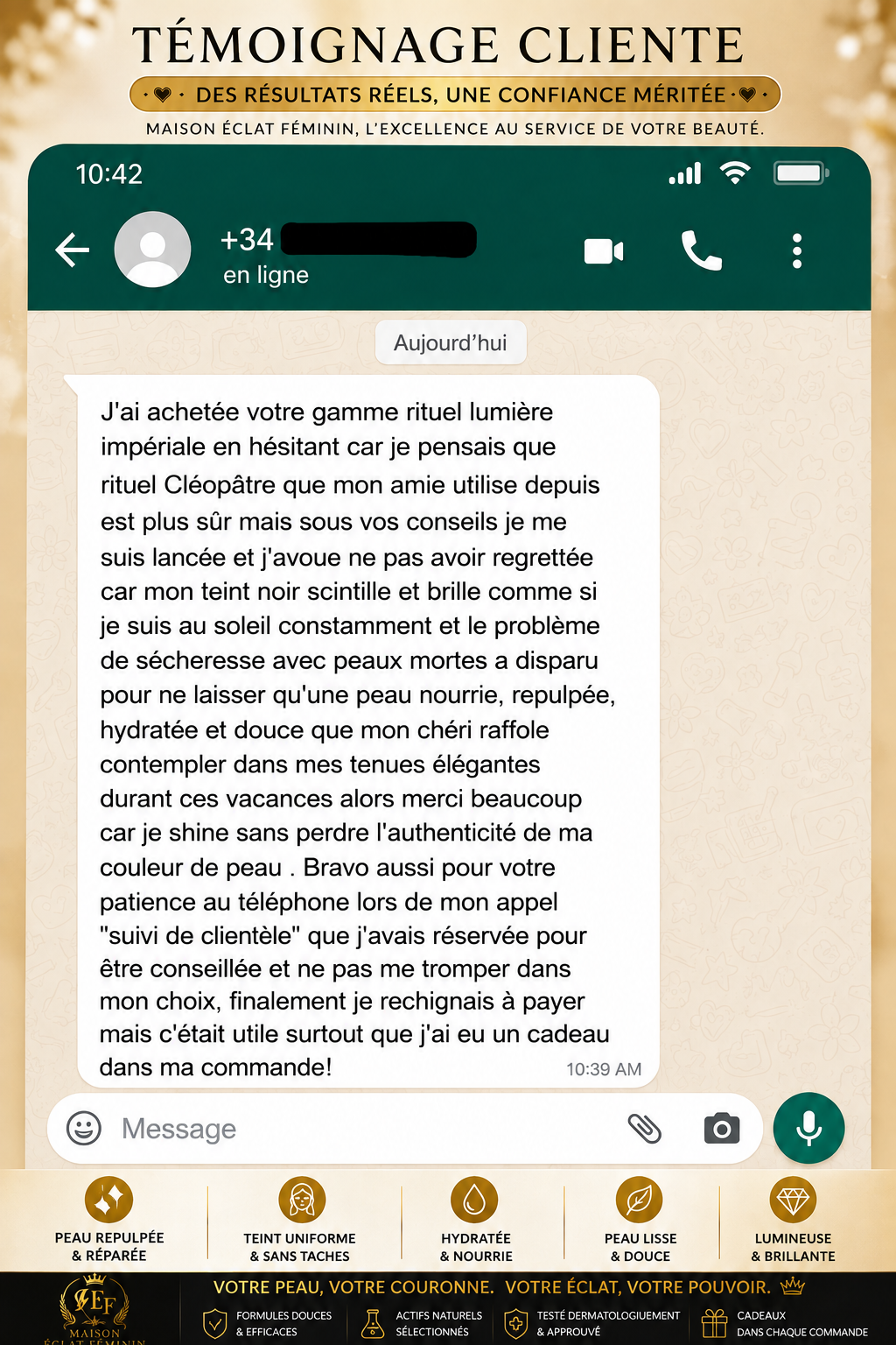 Témoignage cliente WhatsApp Maison Éclat Féminin 1