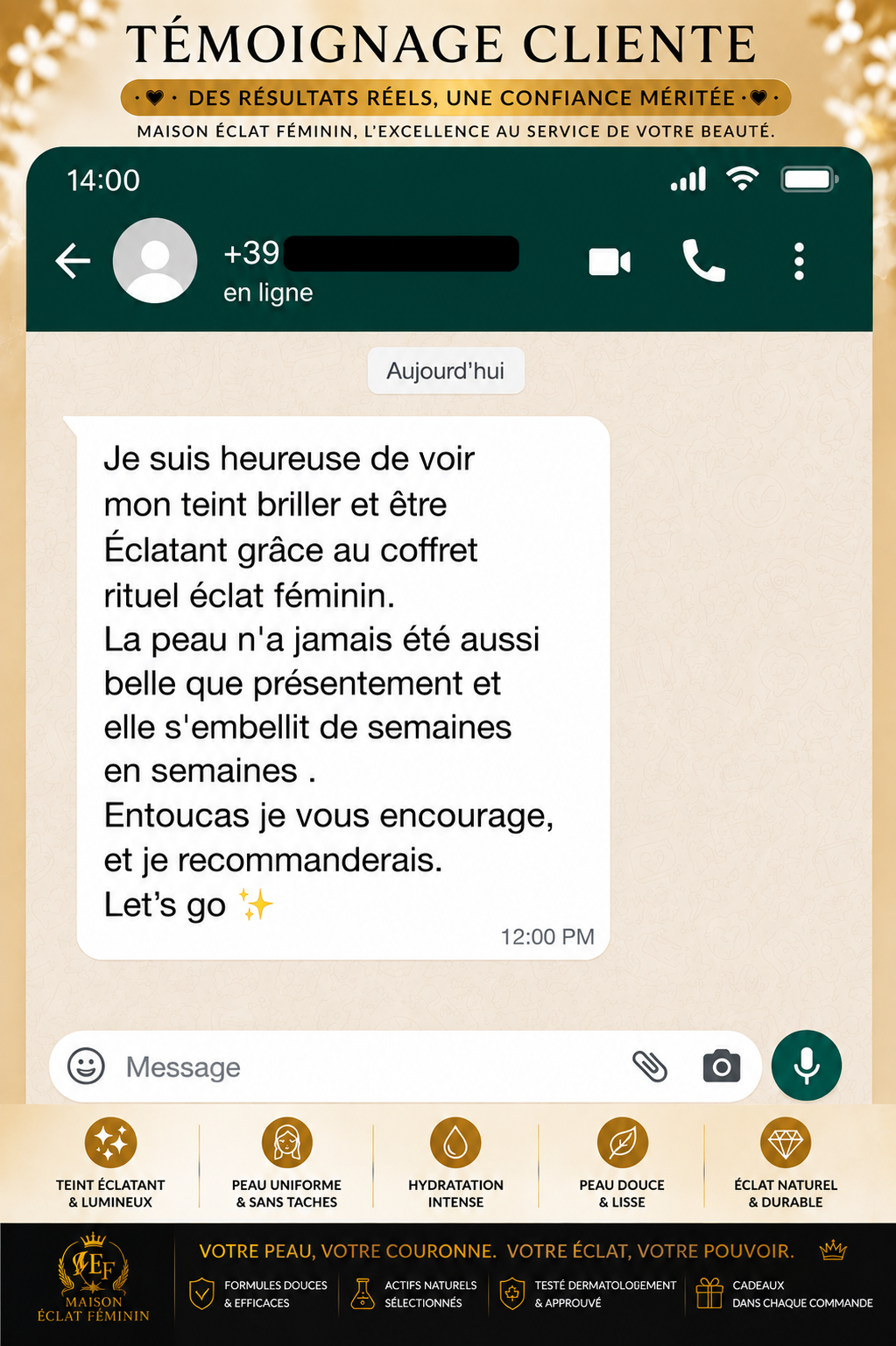 Témoignage cliente WhatsApp Maison Éclat Féminin 4